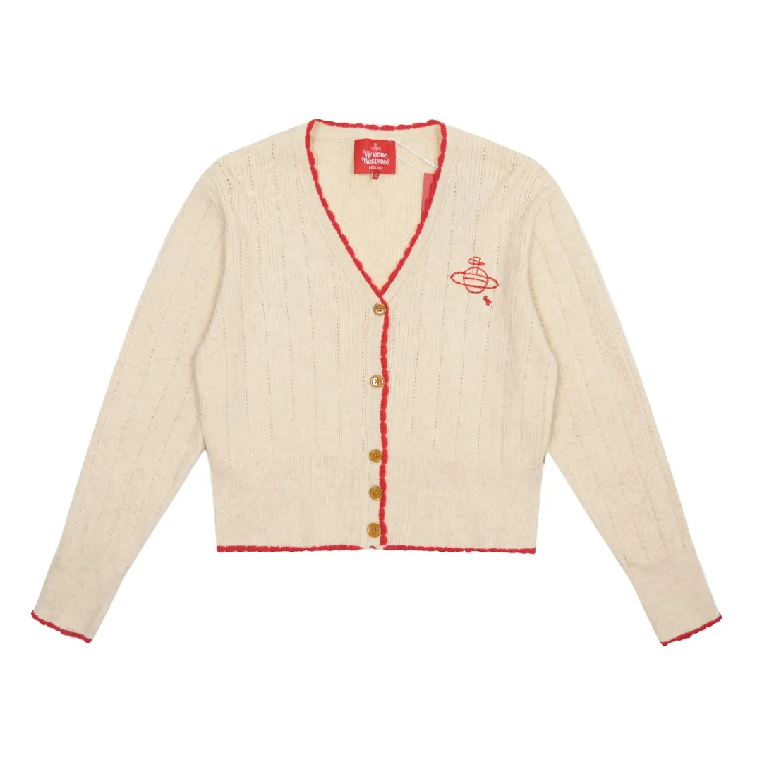 Vivi129 vivienne west wood 24th autumn and winter red label show style vertical stripe hollow knitted petal collar design cardigan West Queen Vivienne heavy industry show limited cardigan knitted sweater wool 2024 autumn latest style 🧩 85% wool blend Size: S -M- L Color: apricot gray blue black